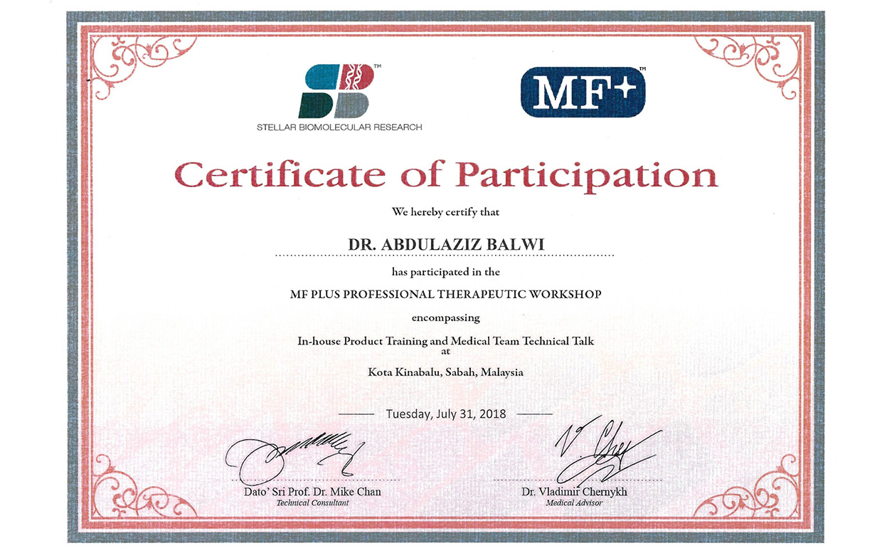 Certificado de participación del Dr. Balwi en MF Plus