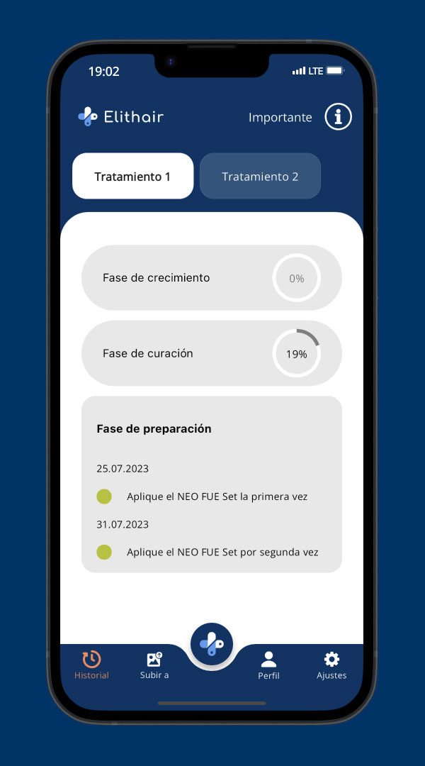 Pantalla con el progreso del postoperatorio en la app de Elithair.