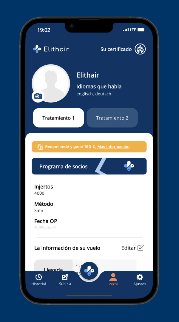 Pantalla con el tratamiento del paciente en la app de Elithair.