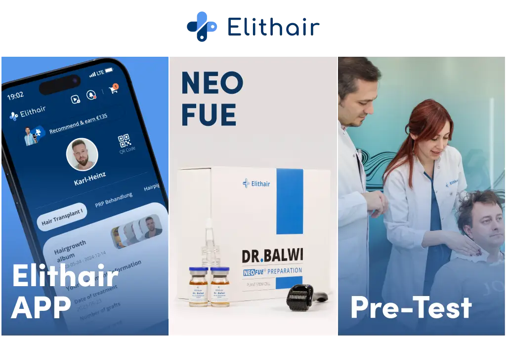 Imagen que muestra la aplicación Elithair, el kit NEO FUE y un análisis capilar supervisado por el Dr. Balwi