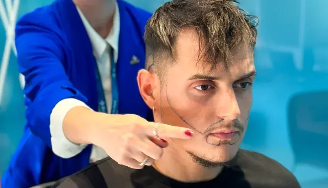 Paciente en proceso de diseño de implante de barba en la clínica Elithair. Un especialista dibuja cuidadosamente la línea de la barba para definir la forma y distribución óptimas antes de proceder con el trasplante.