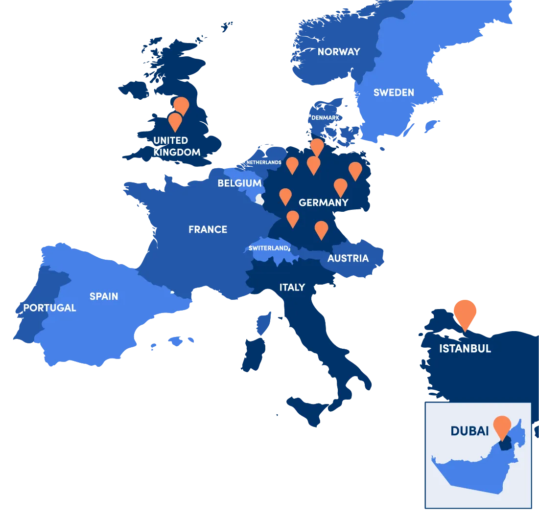 Infografía que muestra un mapa de las ciudades europeas donde se encuentran los centros de atención al cliente de Elithair