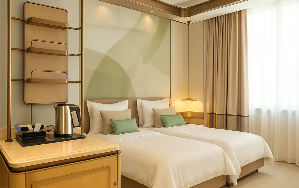 Habitación doble moderna en el Elitoria Hotel con iluminación y equipamiento